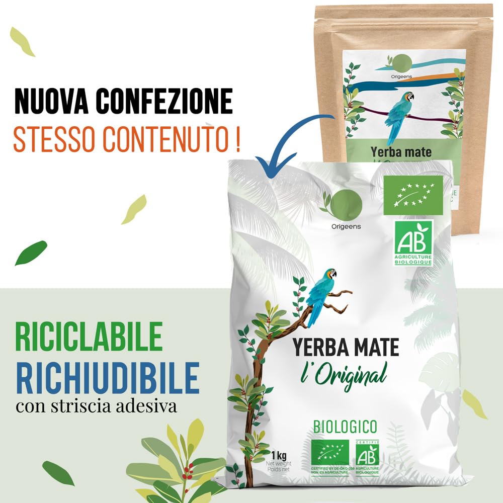 ORIGEENS YERBA MATE BIO 1KG LOriginale - Yerba Mate Bio Non tostata, Raccolto a mano - Foglie, senza gambi e 0 polvere - Bevanda Energetica e Detox