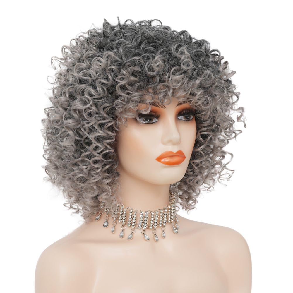 Siudus Grey Short Curly Wig for Black Women 70s 80s Afro Synthetic Kinky Curly Wig with Dark Roots for Daily Party Use - Image 3
