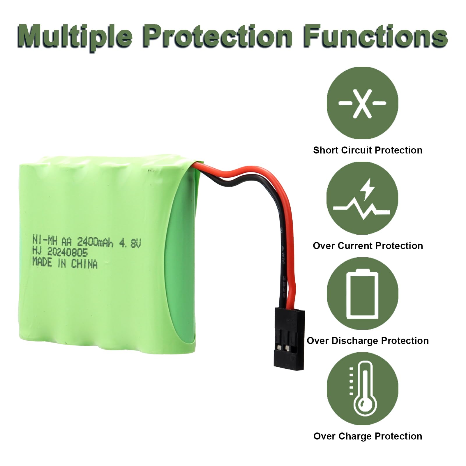 Lot de 2 Batteries NiMH RC 4,8 V 2 400 mAh avec connecteurs Hitec, Batterie Compatible avec contrôleur d'avion RC Futaba, Avions RC, récepteur d'hélicoptère RC, Futaba, JR et Autres modèles