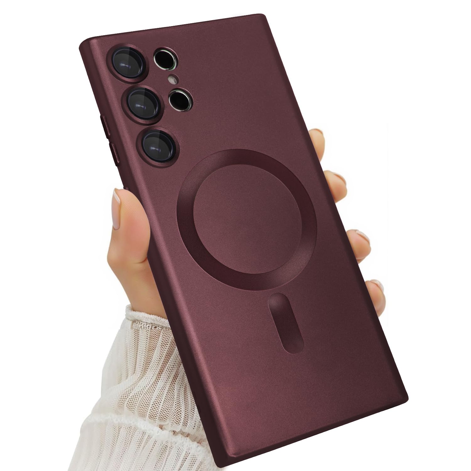 Amzfield Magnetic for Samsung Galaxy S23 Ultra Case for Women Men Girls [Compatible with MagSafe] [Camera Lens Protector] Matte Cute Slim Soft Silicone Bumper Shockproof Metallic Phone Case, Burgundy