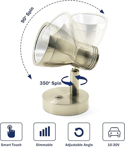 Miniatura 5 de THALASSA Luz de lectura superior para autocaravana, foco LED de 12 V, luz cálida para interior de autocaravana, níquel cepillado con luz azul