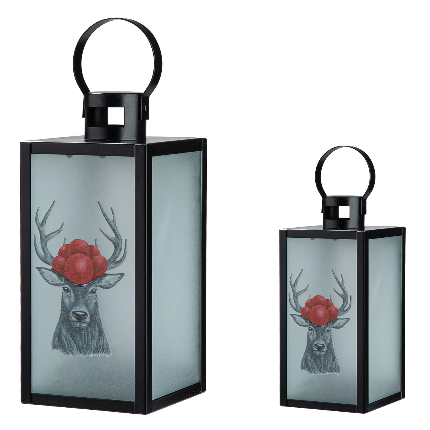 GILDE Set of 2 Lanterns Deer with Bollenhat – Iron – Black Matt – Rectangular – 2 Sizes – Bollenhut Motif
