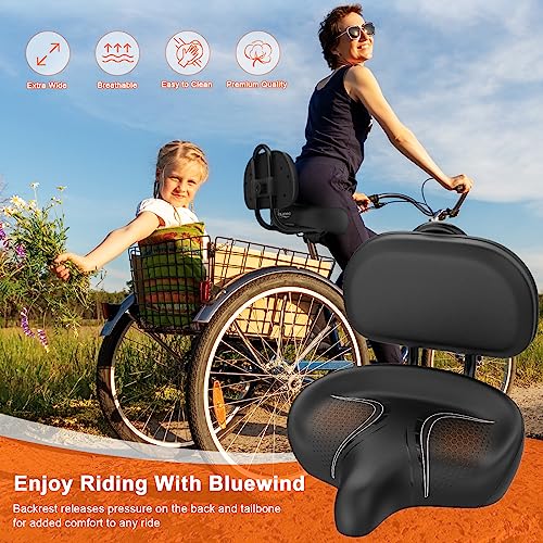 Image of BLUEWIND Oversized Bike Seat with Backrest, Design for Electric Bike, High Memory Foam of Bicycle Seat Replacement for Tricycle for Men & Women (Black with Backrest)