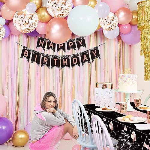 Image of Rectangular Tablecloth, Black Rose Gold, 51 x 86.6 Inch, Birthday Party Table Decorations for Women Girls Princess, 4 Pcs