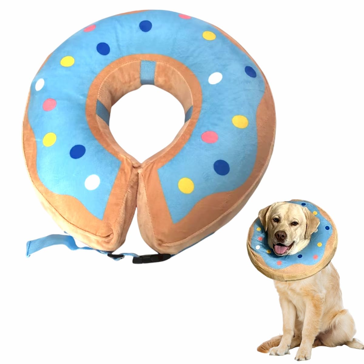 Little Bean Inflatable Dog Elizabethan Collar Soft Dog Cone Collar Soft Protective Recovery Pillow for Big Dogs Prevent Pet from Licking Biting Wound Healing (Blue Donuts