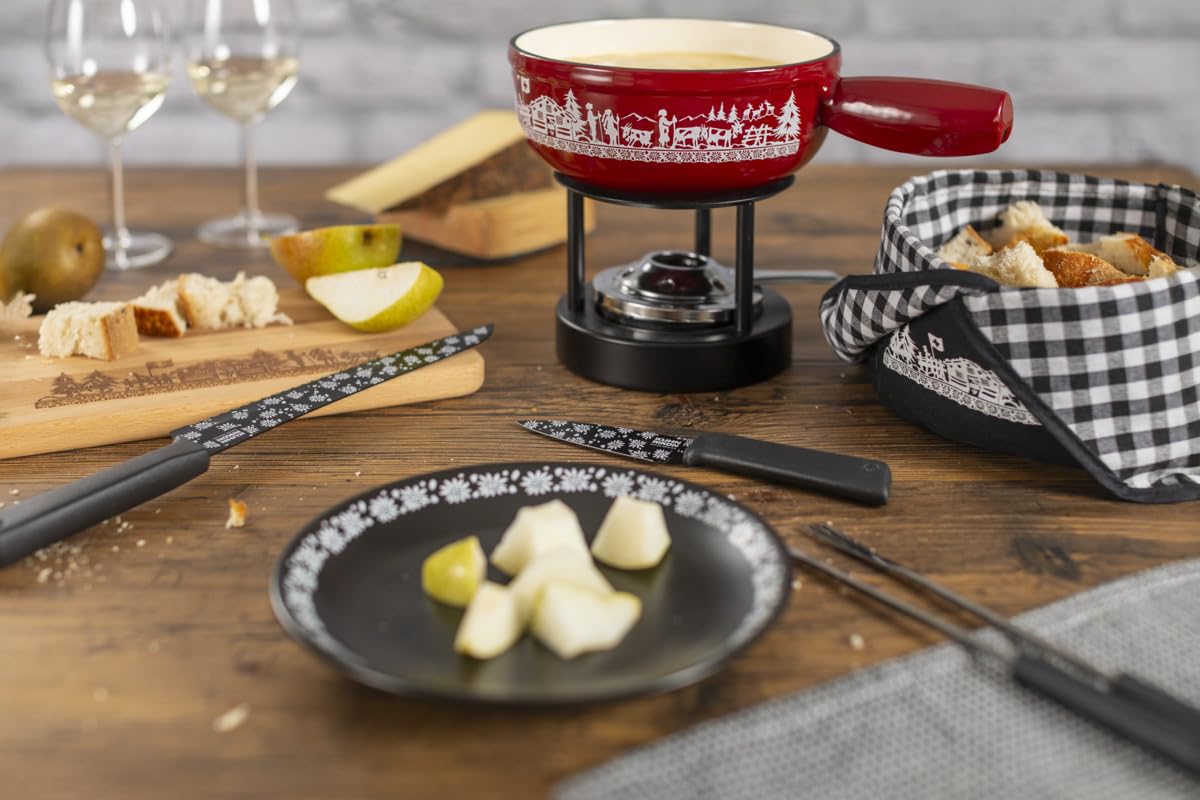 KUHN RIKON 32276 Cheese Fondue Set Induction Cast Iron Red Alpine Willow 24 cm