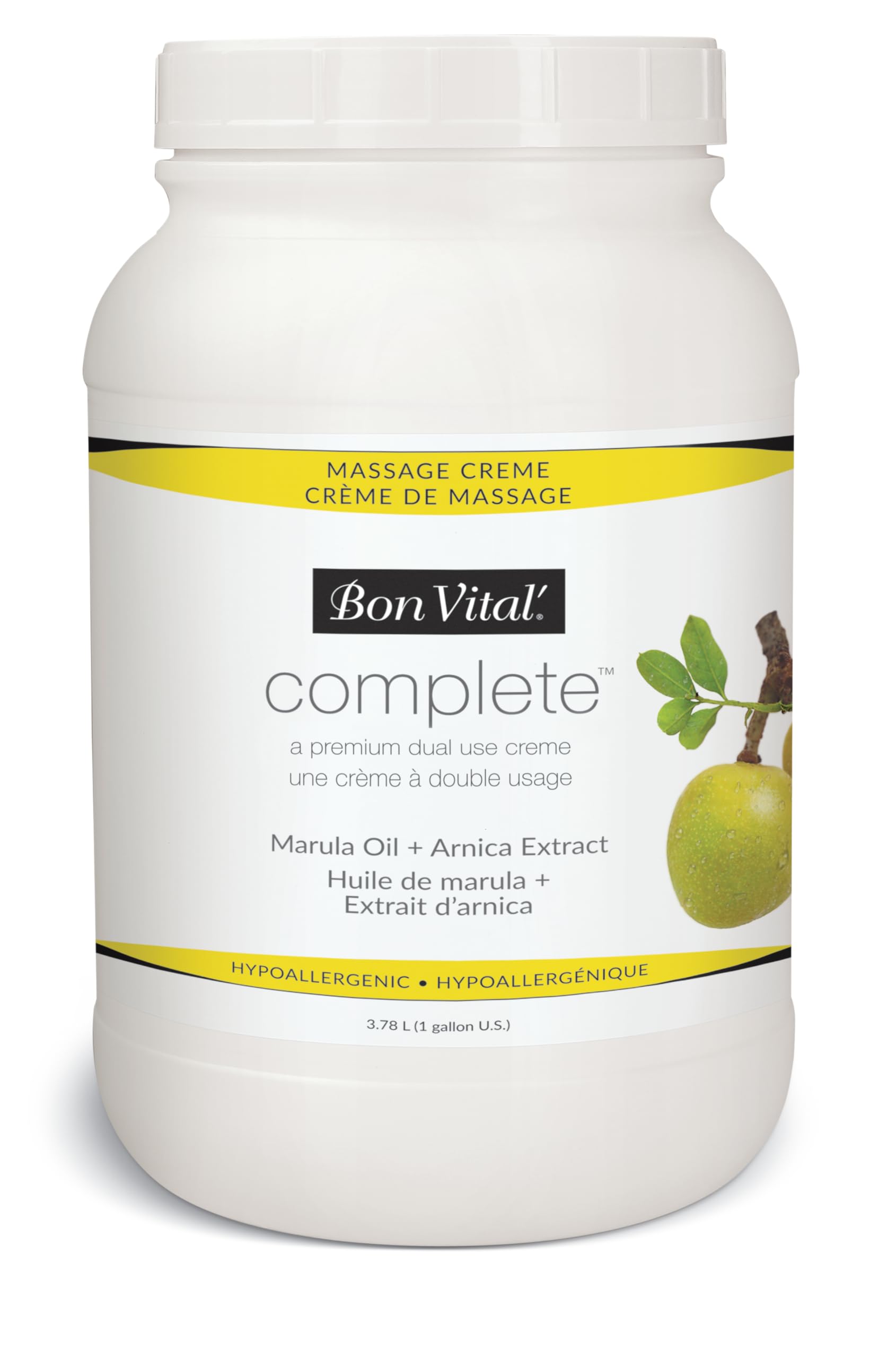 Bon Vital' Complete Massage Creme, Premium Dual Purpose Cream for Hypoallergenic Professional Massages, Non Greasy Unscented Moisturizer Made with Marula, Olive, Avocado, Jojoba Oil, 1 Gallon