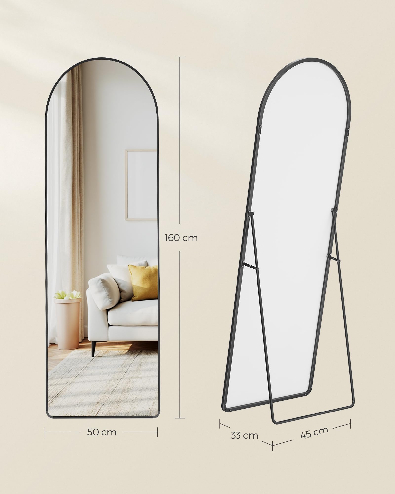 SONGMICS Miroir Intégral Arqué sur Pied 160 x 50 cm Cadre en Alliage d’Aluminium Verre Trempé Noir