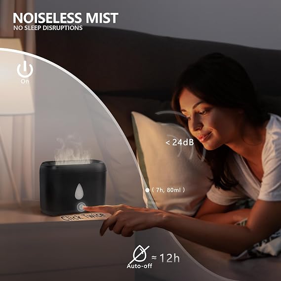 Flame Diffuser for Essential Oils, 200ml Ultrasonic Aroma Diffusers with Cool Mist, Aromatherapy Diffuser with Auto-Off Protection, Small Humidifier for Home,Office,Bedroom,Gift (7 Colors Black)