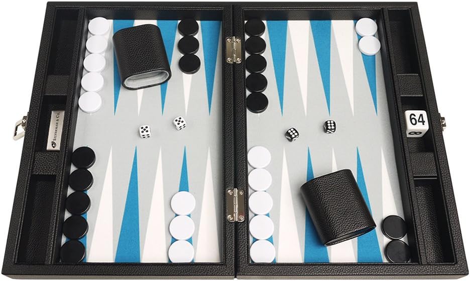 13-inch Premium Backgammon Set - Travel Size - Black Board, White and Astral Blue Points
