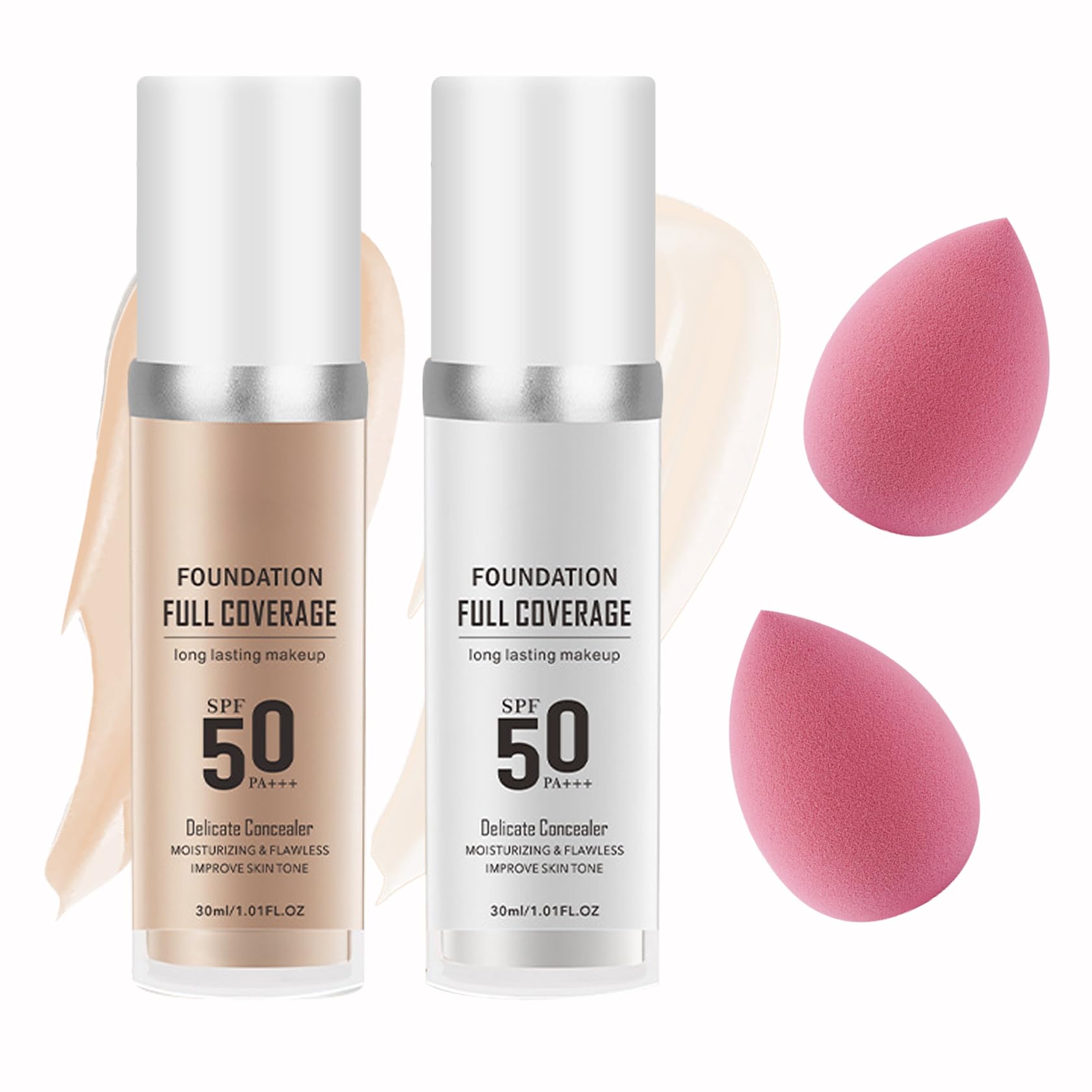 2PCS Color Changing Foundation Set - Full Coverage Long Lasting Flawless Liquid With 2 Cosmetics Sponges - Non-Greasy
