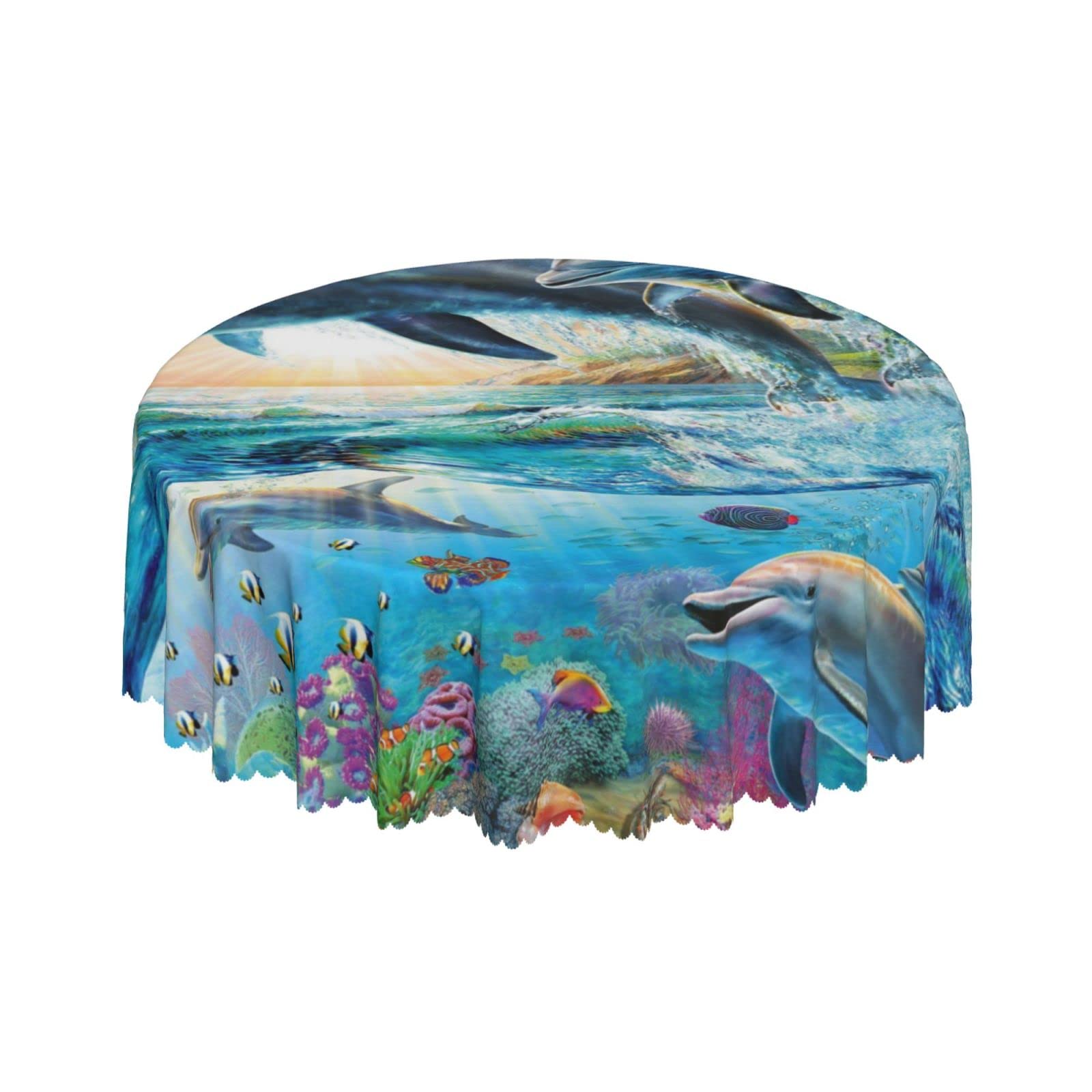 Lsjuee Dolphin Colorful Underwater Animal Round Tablecloth 60 Inch Printed Washable Tablecloth for Dining Party Holiday Fall Home Decorative
