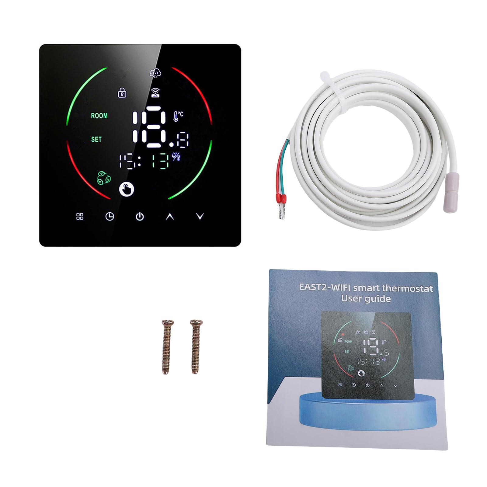 Inteligentny Termostat WiFi 16A z Kolorowym Ekranem LED, blokadą rodzicielską, Sterowaniem Głosowym, Programowalnym Zegarem do Elektrycznego Ogrzewania Podłogowego, (Czarny-EAST2-16A+WIFI)