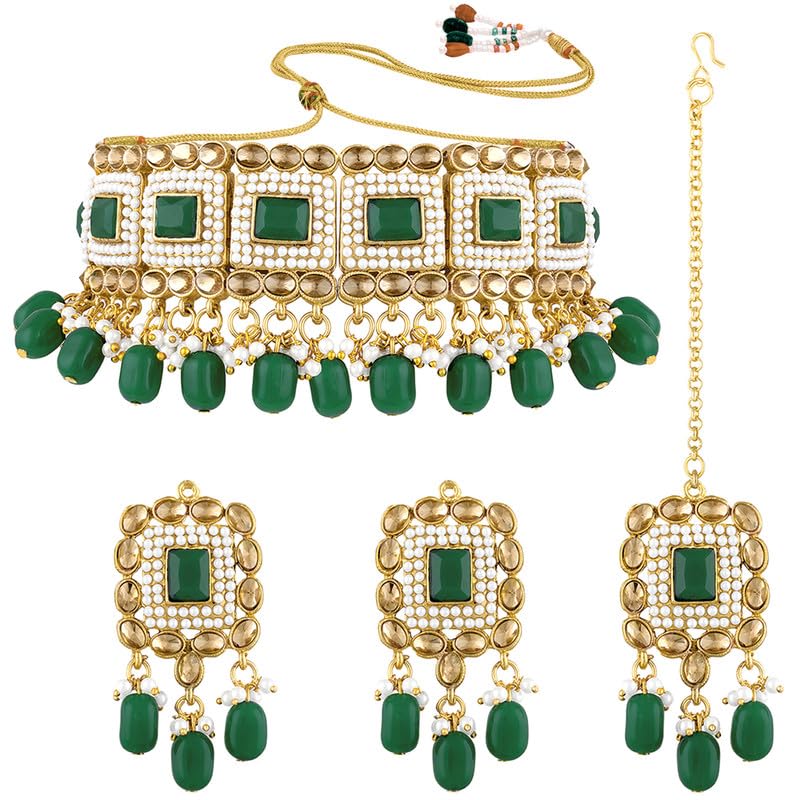 Aheli Traditional Ethnic Kundan Pearls Bridal Choker Necklace Earring with Maang Tikka Indian Bollywood Jewelry Set Gift for Women (Green)