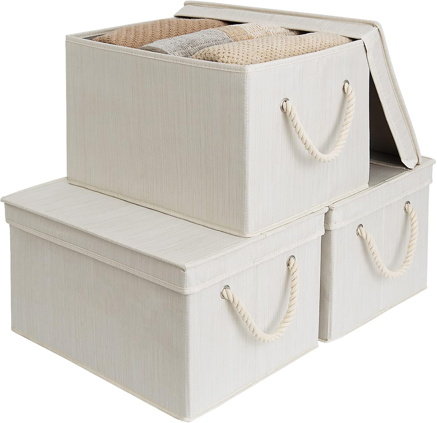 StorageWorks 32L Storage Bins with Lids, Decorative Boxes with Soft Rope Handles, Mixing of Beige, White & Ivory, Jumbo, 3-Pack Mixing of Beige, White & Ivory Jumbo