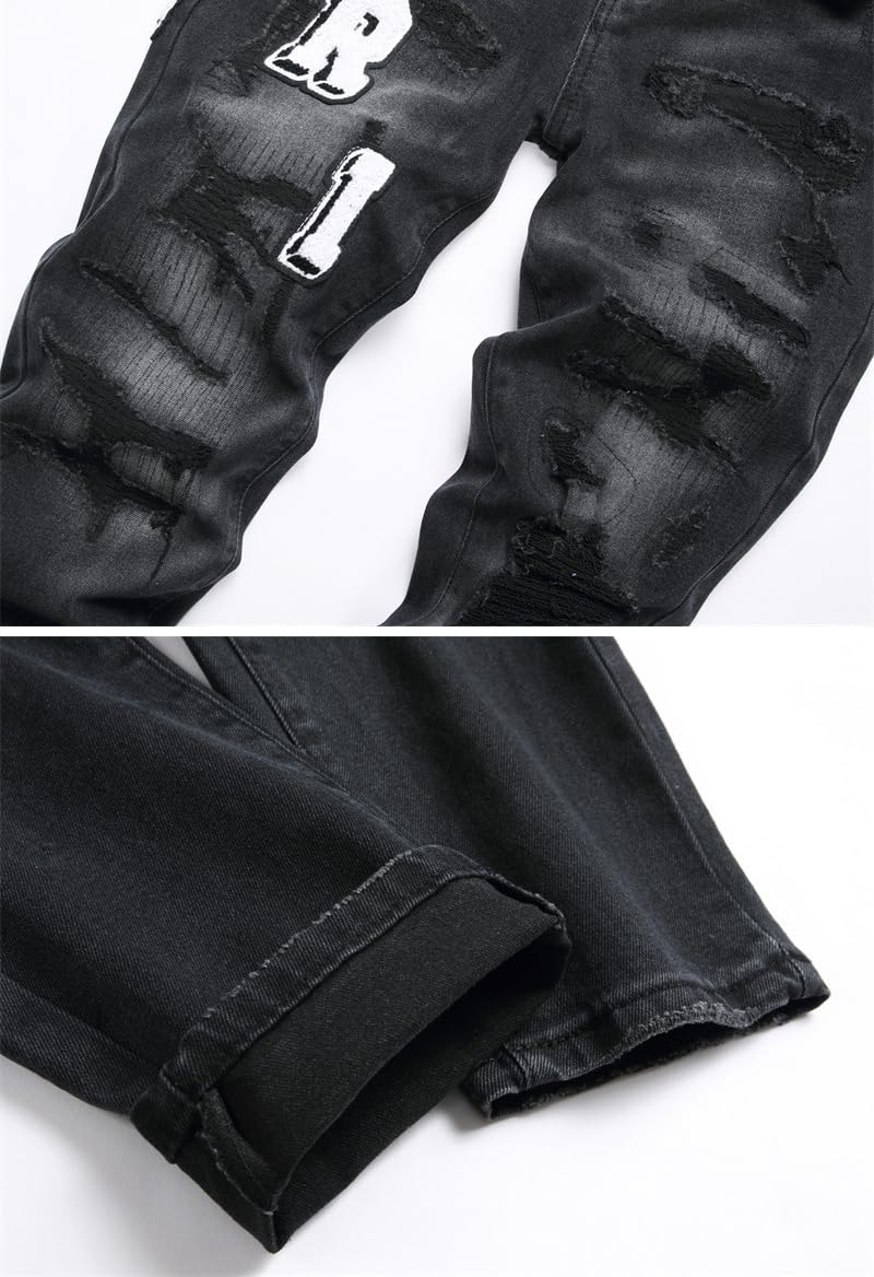 Jeans Uomo Slim Fit Strappati - Pantaloni in Denim Elasticizzato con Ricamo per Look Casual e Streetwear, Perfetti per Ogni Stagione