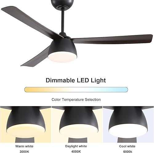 Miniatura 5 de Sofucor Ventilador de techo de 52 pulgadas con luces con control remoto para exteriores, ventilador de techo negro con luz regulable, LED integrado,