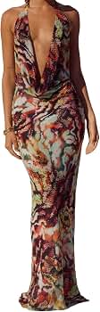 Women's Floral Maxi Dress - Deep V Neck, Sleeveless Backless Sundress, Y2K Style For Wedding Guest Or Summer - View #12