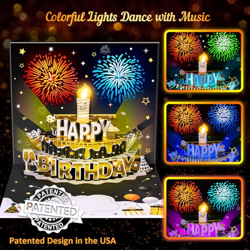 Image of INPHER UPGRADED DIY Age Birthday Cards Fireworks Pop Up Cake Light and Music Black and Gold Happy Birthday Card Gift for Husband, Men, Women, Mom, Grandma