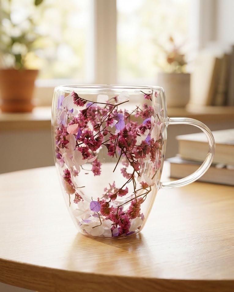Image of Double Wall Glass Coffee Mug 350ml | Floral Tea Cup for Juice Coffee | Premium Gift for Birthday, House Warming, Secret Santa, Christmas | Double Walled Glass Espresso Cup.