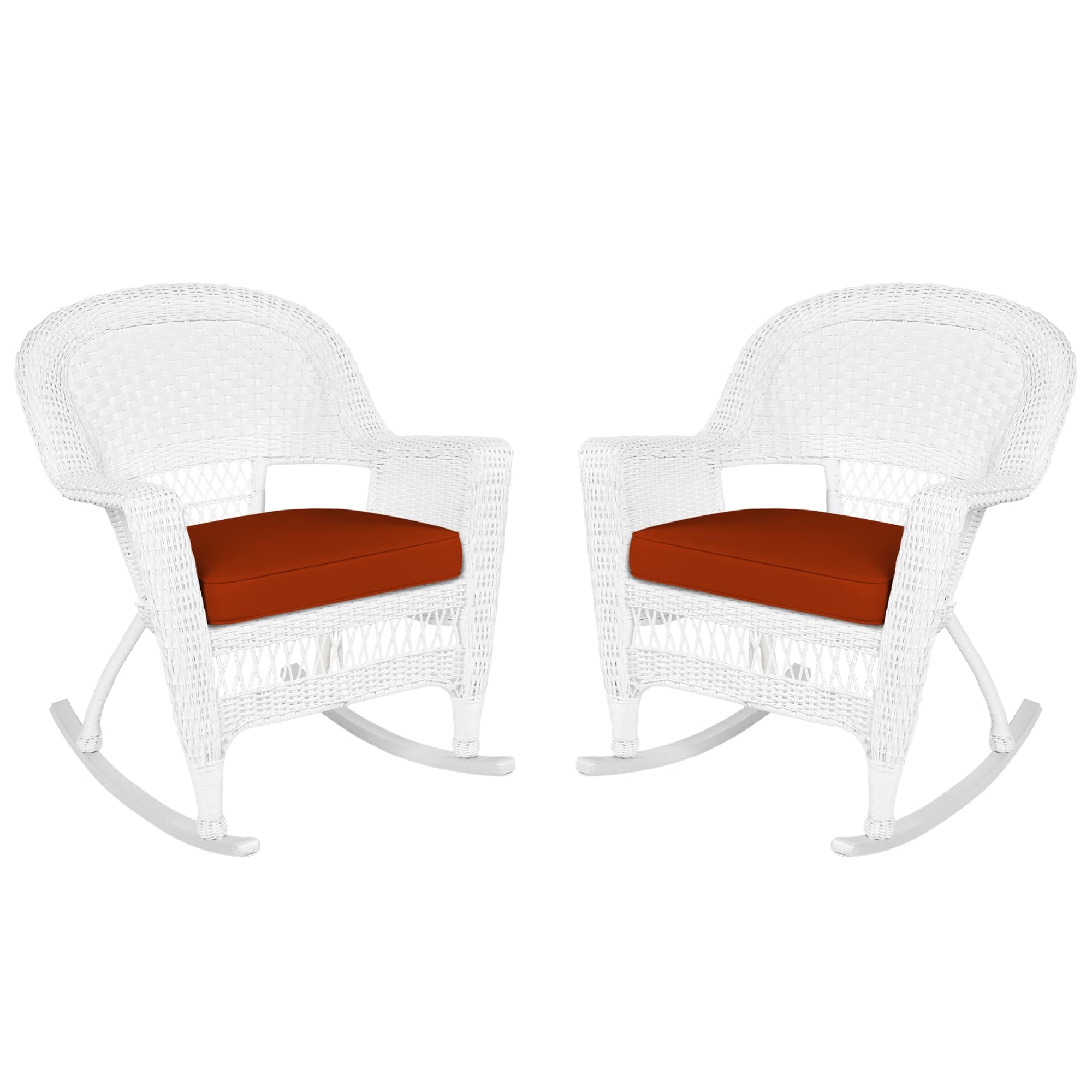 JecoRocker Wicker Chair with Red Cushion, Set of 2, White