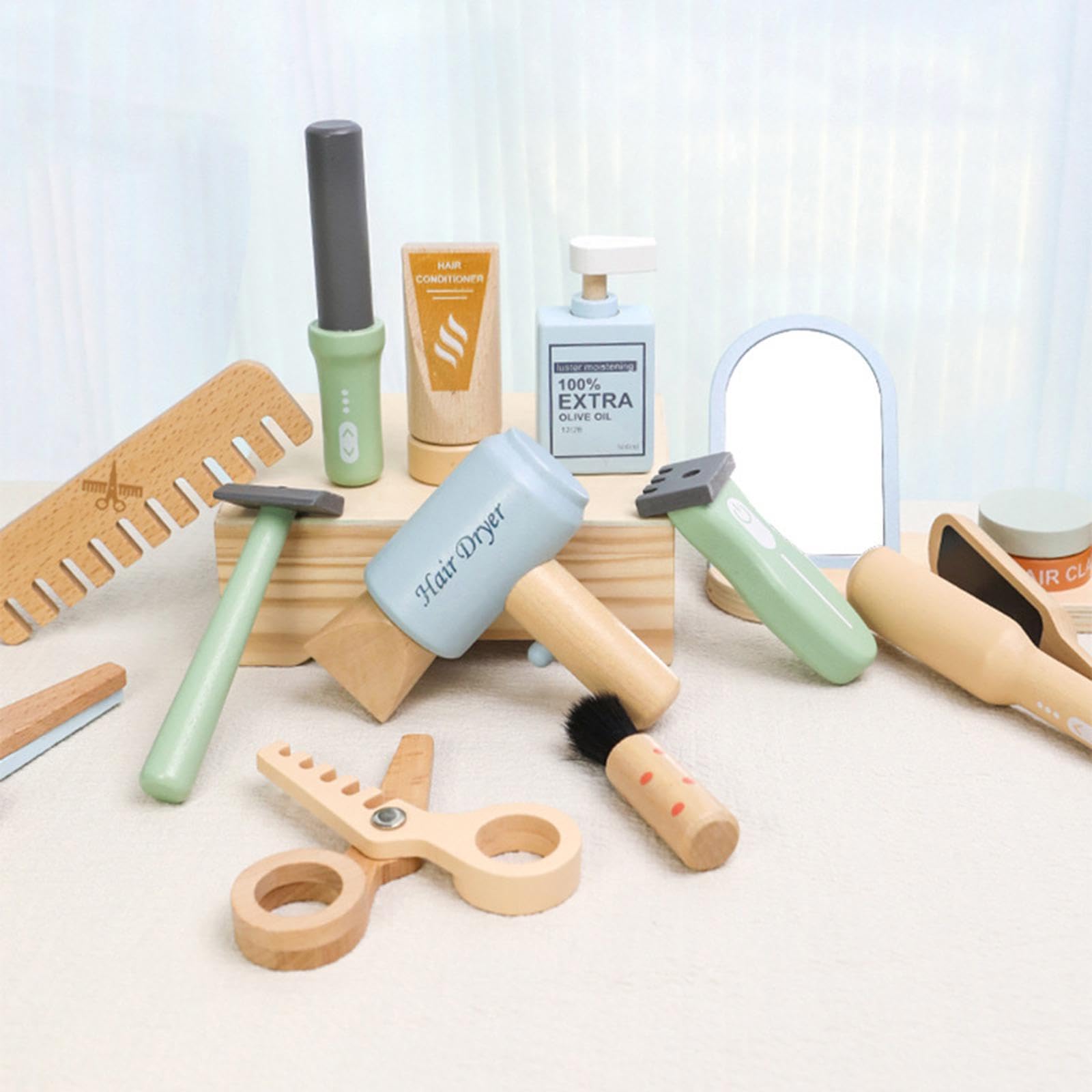 Friseursalon Set Aus Holz, Haartrockner Spielzeug, Feinmotorik Förderung, Interaktives Rollenspiel