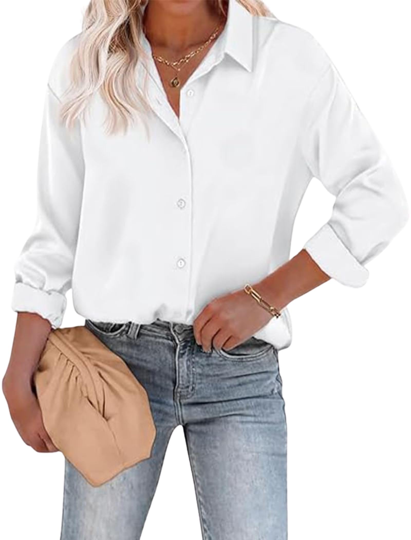 CB-COLEBROOK Blusa de satén de seda para mujer, camisas elegantes con botones y camisas sueltas de manga larga sueltas, túnica de trabajo de oficina - Tops occid