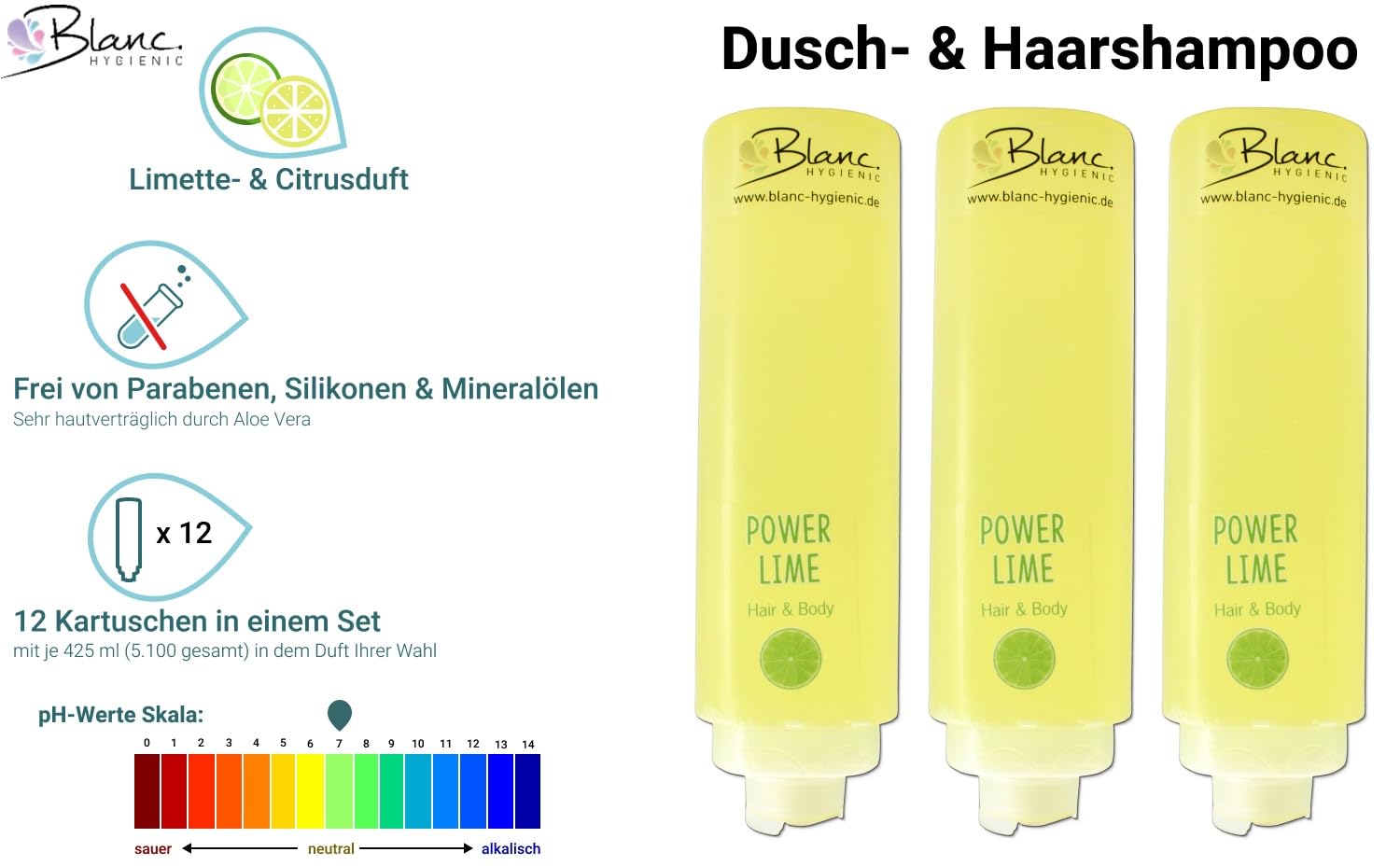 SET Hair & Body Power Lime 12x425 ml Duschgel Shampoo | 12x425 ml Hair & Body, ohne Halterung, Aloe Vera, pH-neutral & dermatologisch getestet