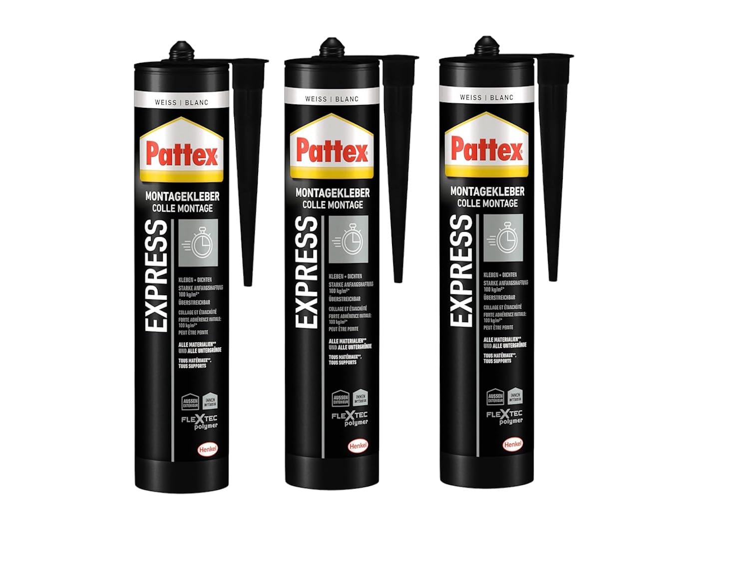 Pattex Montagekleber Express – 3x 440g Kartusche, weiß | Extra schnell & stark, für schnelle Montagearbeiten ohne Bohren