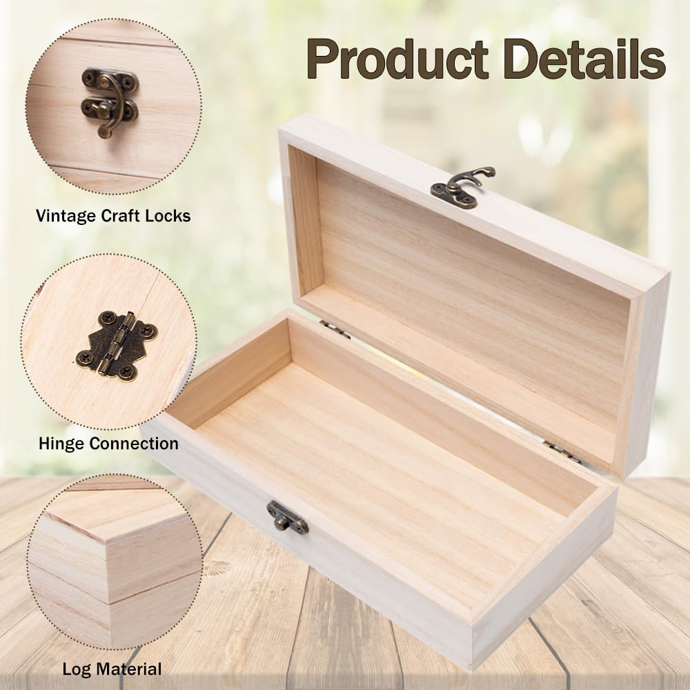 6 Pezzi Scatole di Legno Grezzo 20 x 10 x 5 cm Scatola in Legno Rettangolare con Coperchio Scrigno legno Portaoggetti Piccole con Cerniere e Chiusura per Conservazione e Decorazione