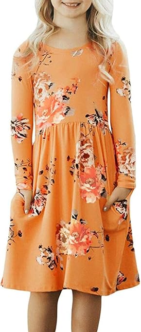 Eytino Girls Short Sleeve Round Neck Floral Print Loose Casual Elastic Waist Dress with Pockets