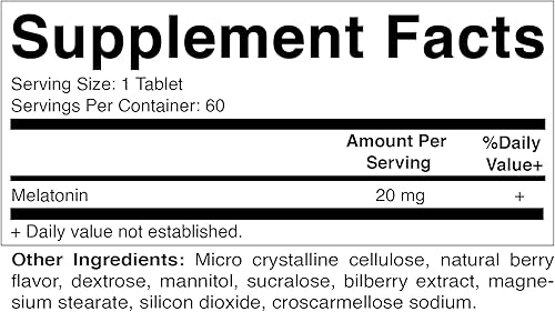 Miniatura 3 de Paquete de 2 tabletas de melatonina de alta potencia de 20 mg  Vegetariano, sin OMG, sin gluten  60 tabletas de disolución rápida  Sabor natural a