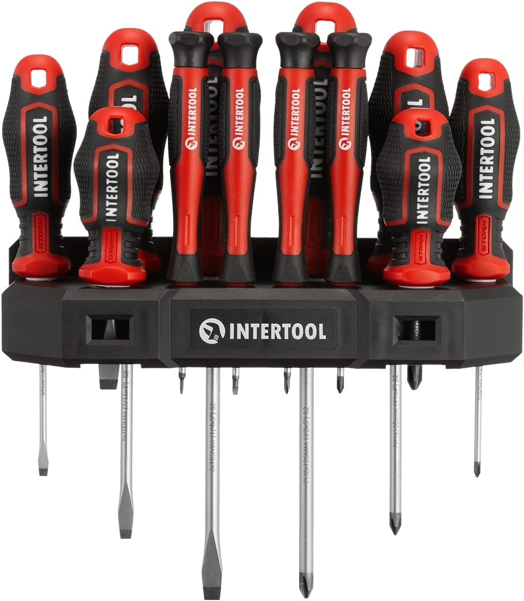 INTERTOOL Screwdriver Set with Wall Mount Rack - Magnetic Tipped S2 Steel Resists Rust - Flathead & Phillips with Standard, Stubby, & Precision Sizes - Cushion Grip - VT08-3442