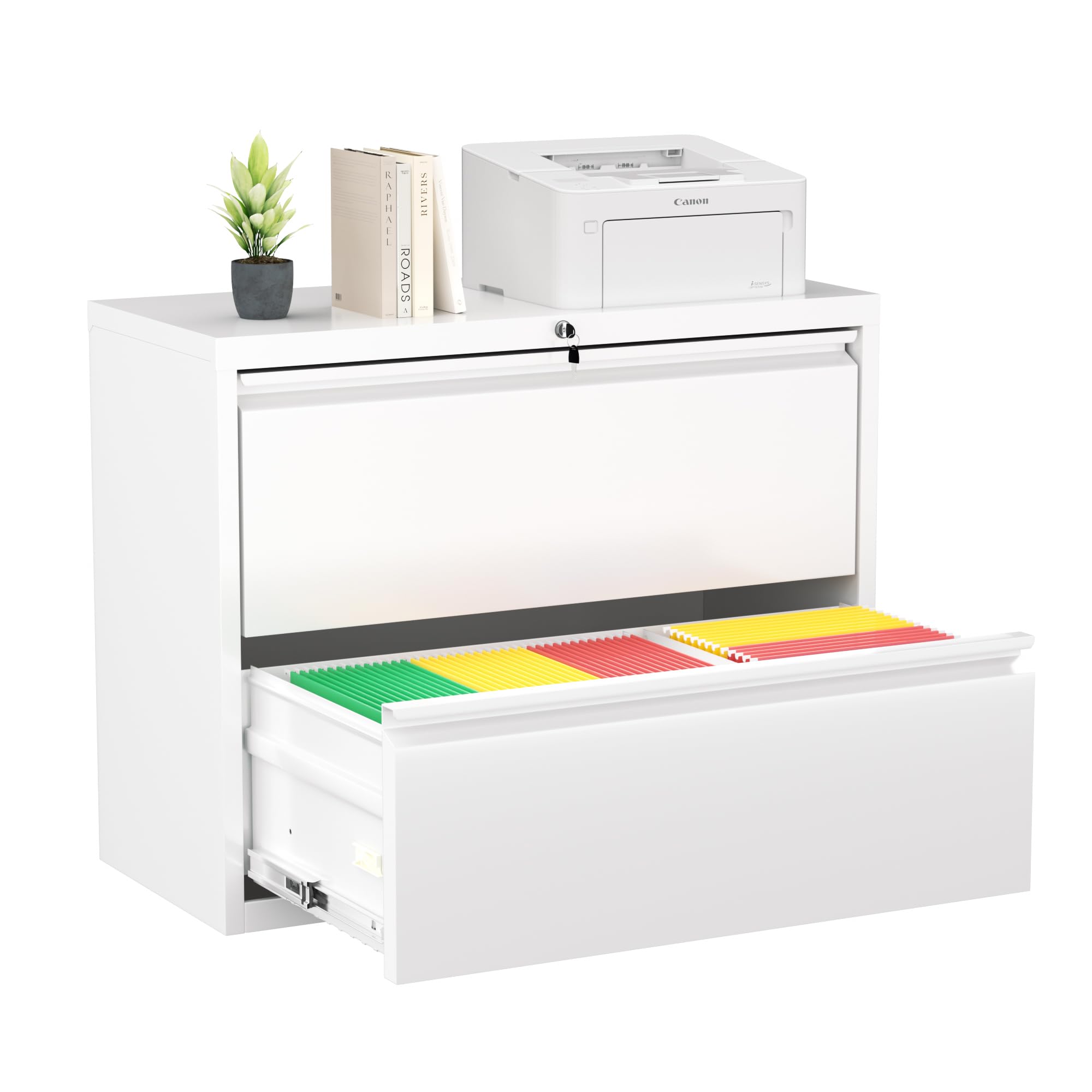 Greenvelly 2 Drawer Filing Cabinet, White Lateral File Cabinet with Lock, Metal File Cabinets with Adjustable Hanging Bars&2 Keys, Locking File