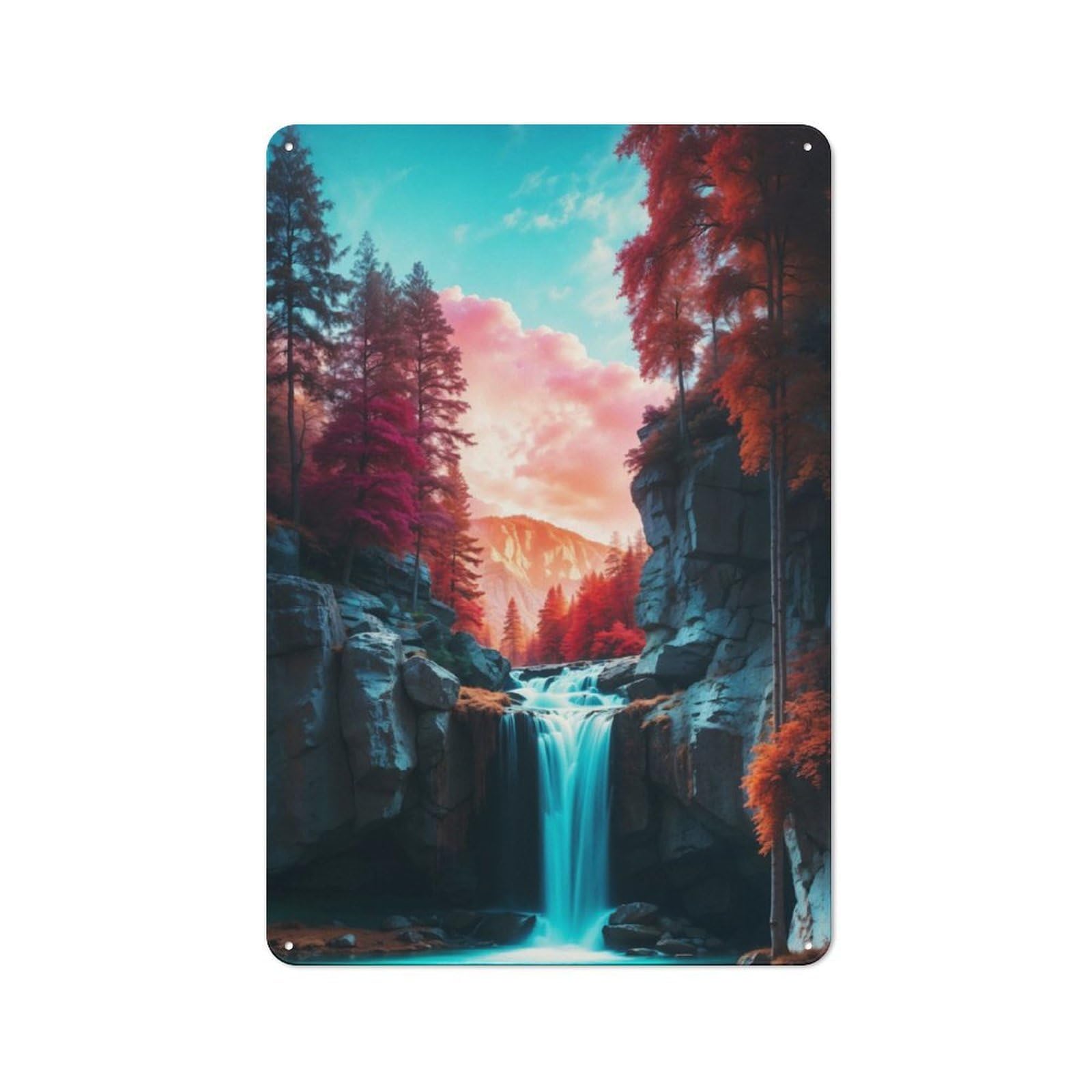 Retro Vibrant Forest Waterfall Vintage Tin Sign 30x20cm, Retro Room Decor for Lounge, Study, Pub Or Wall Gallery