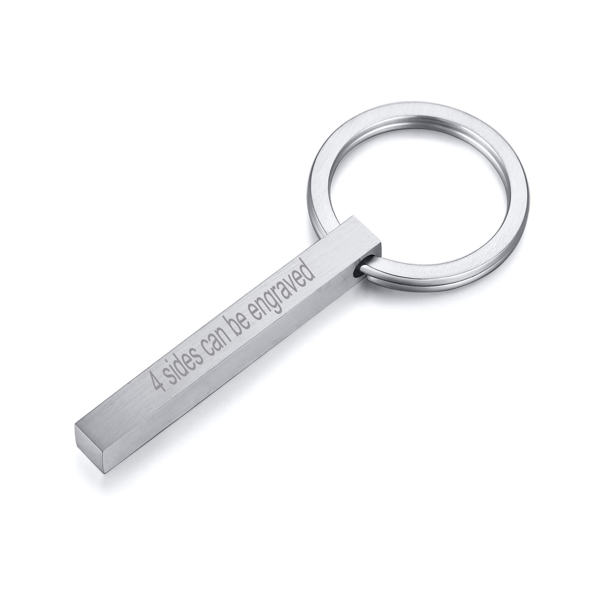 VNOX Portachiavi personalizzato personalizzato per coppie BFF Brothers Sisters Family Partner 4 lati nome 3D verticale Cuboid Bar portachiavi Bagagli/Borsa accessori Silver-customize Finitura opaca