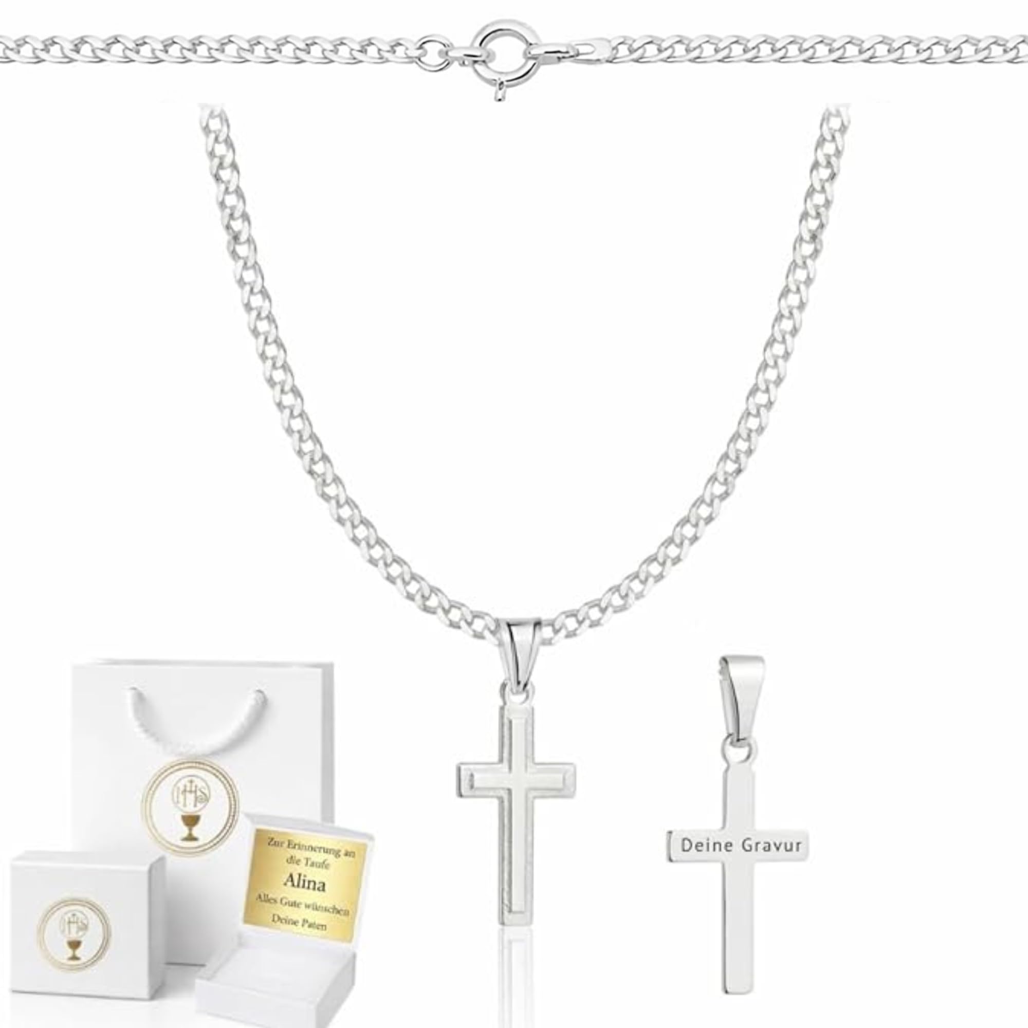 ZELYA Chaîne gourmette en argent 925 avec croix 45-60 cm pour enfant communion baptême boîte cadeau