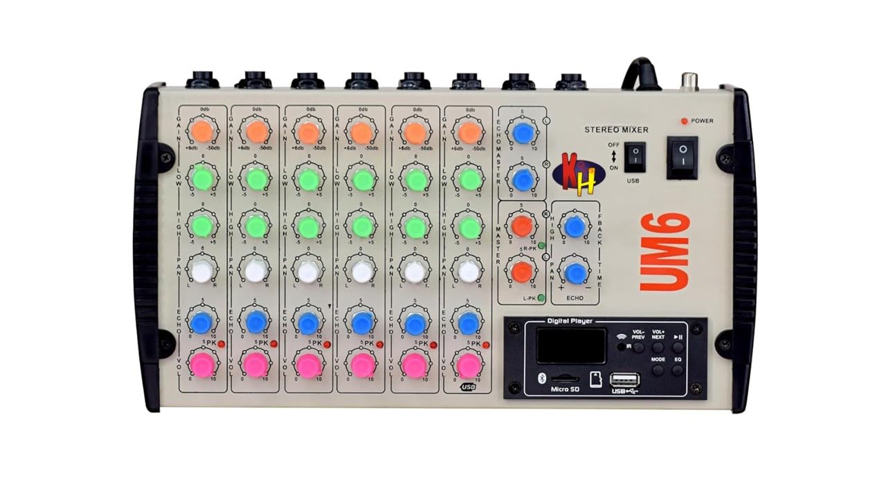 kh 6 Channel Live Sound Mixer with USB & Bluetooth � Stereo Digital Echo Mixer Console with MIC Inputs, EQ, PAN, Fader, Gain Control � Audio Mixing Console for Studio & Live, Silver-image-21