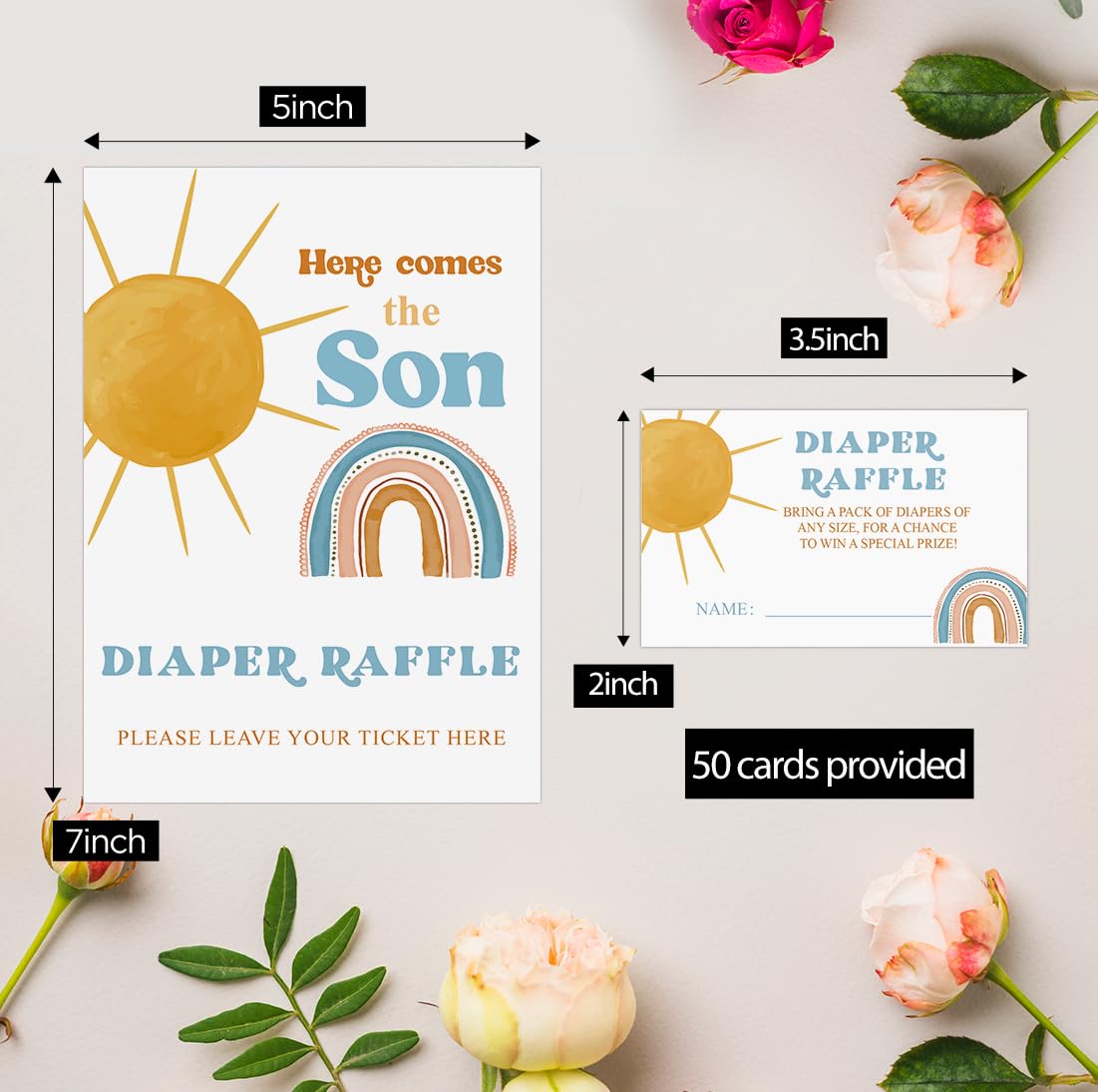 OXEDP Baby Shower Games, Boho Sun Diaper Raffle Sign with 50 Tickets, Diaper Raffle Cards for Baby Shower,Babyshower Invitation,Here Comes The Son Babyshower Decorations-DPRF05