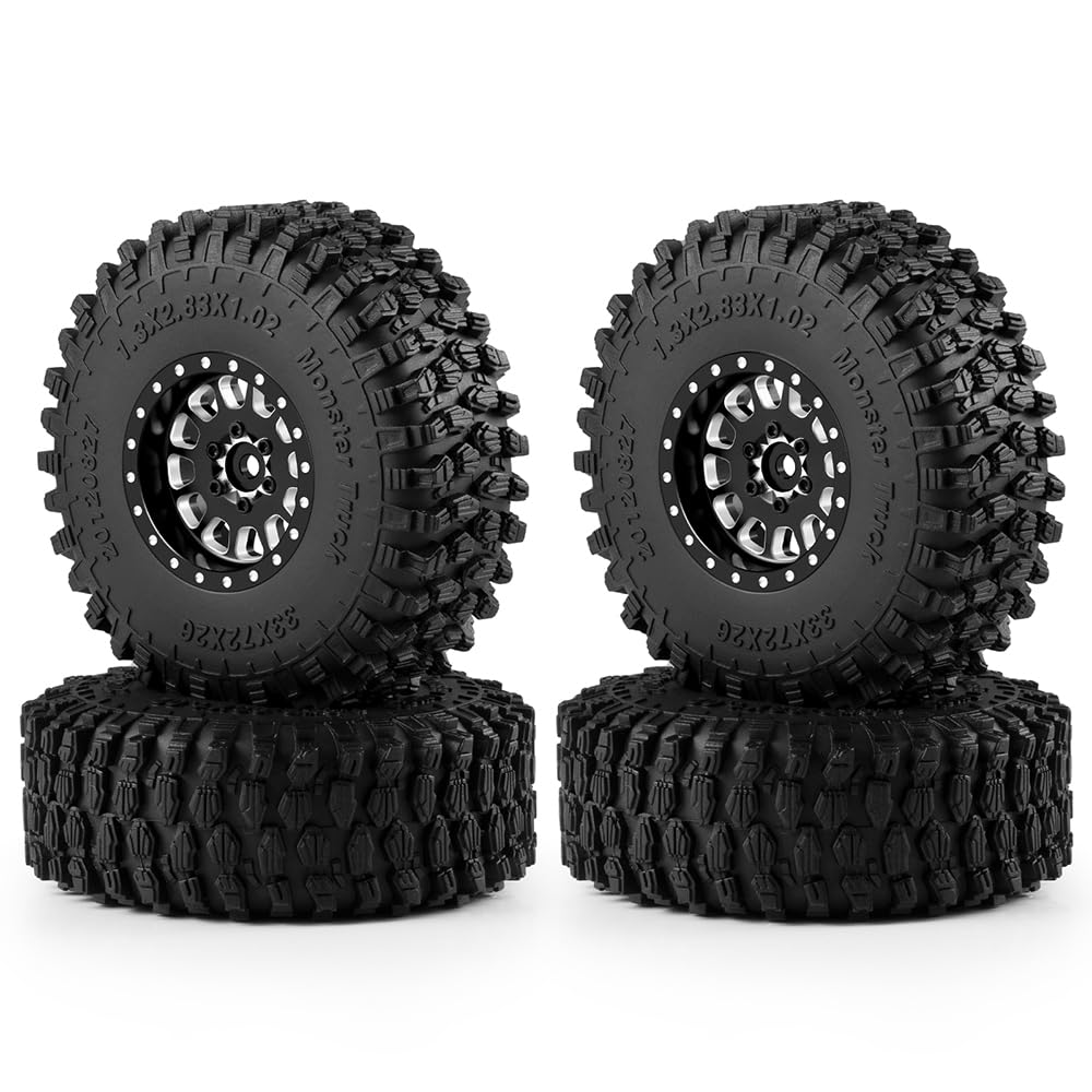 MORLORDY 1.3" RC Wheels & Tires Set - 72mm Mud Tyres and Beadlock Wheels for 1/18 TRX4M TRX4M Bronco Defender K10 F150 FMS FCX18 LC80 and 1/24 SCX24 RC Car Truck Upgrade Parts (Style B - Black) - 1