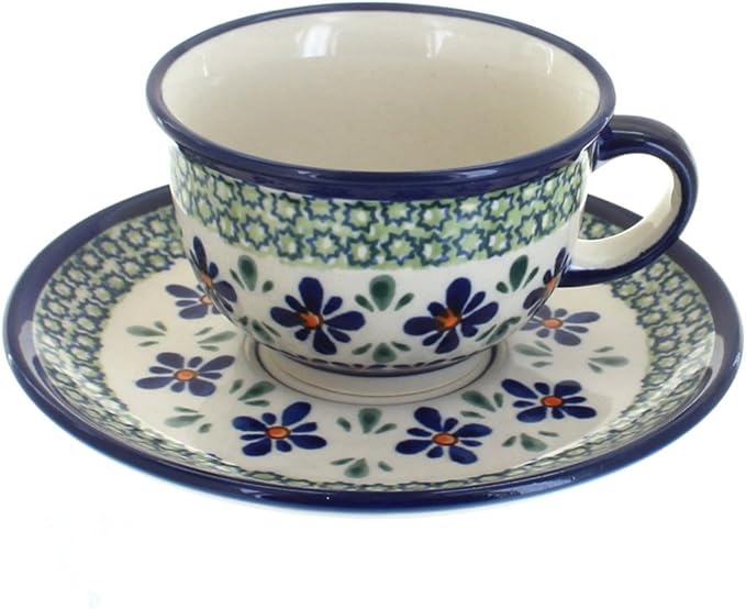 Blue Rose Polish Pottery Mosaic Flower Cup & Saucer