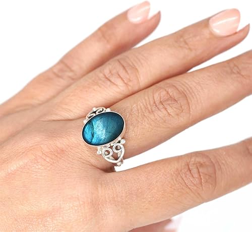 Miniatura 2 de Boho - Anillo de plata de ley 925 con piedras preciosas naturales de cuarzo rosa, perla, ámbar, lapislázuli ovalado