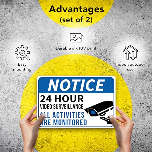 24 Hour Video Surveillance Sign, 10x7 Reflective Aluminum Security Camera Warning Signs for Home and Business, 2 Pack