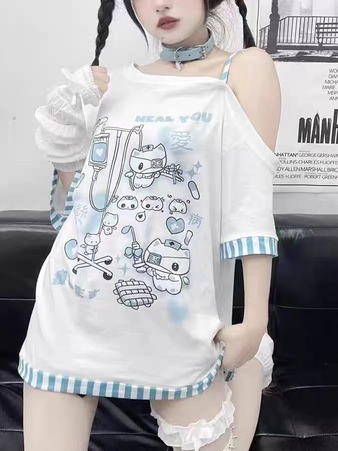 Y2k Kawaii Shirts for Women Cartoon Graphic Tees Off Shoulder Cutecore Shirts Harajuku Fashion Gothic Tops: Blue Large