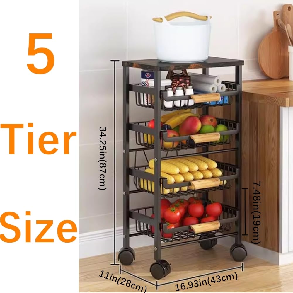 CarolynDesign Panier en fil métallique à 5 niveaux sur roulettes, bacs de rangement empilables pour cuisine, salon, chambre à coucher, salle de bain, étagères à légumes et fruits avec tiroirs