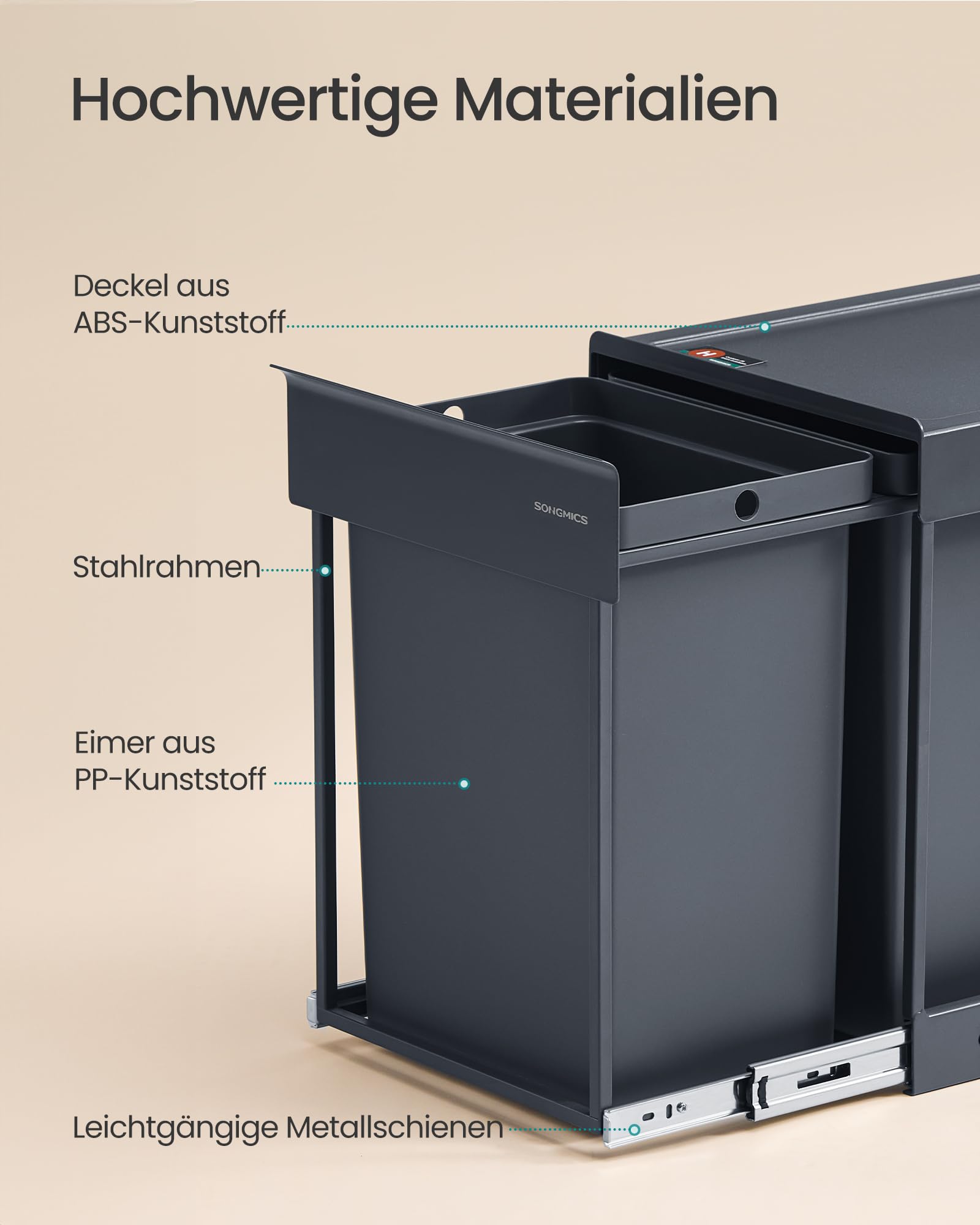 SONGMICS Mülleimer küche 2 x 20 L ausziehbar Mülltrennsystem Stahlrahmen grau