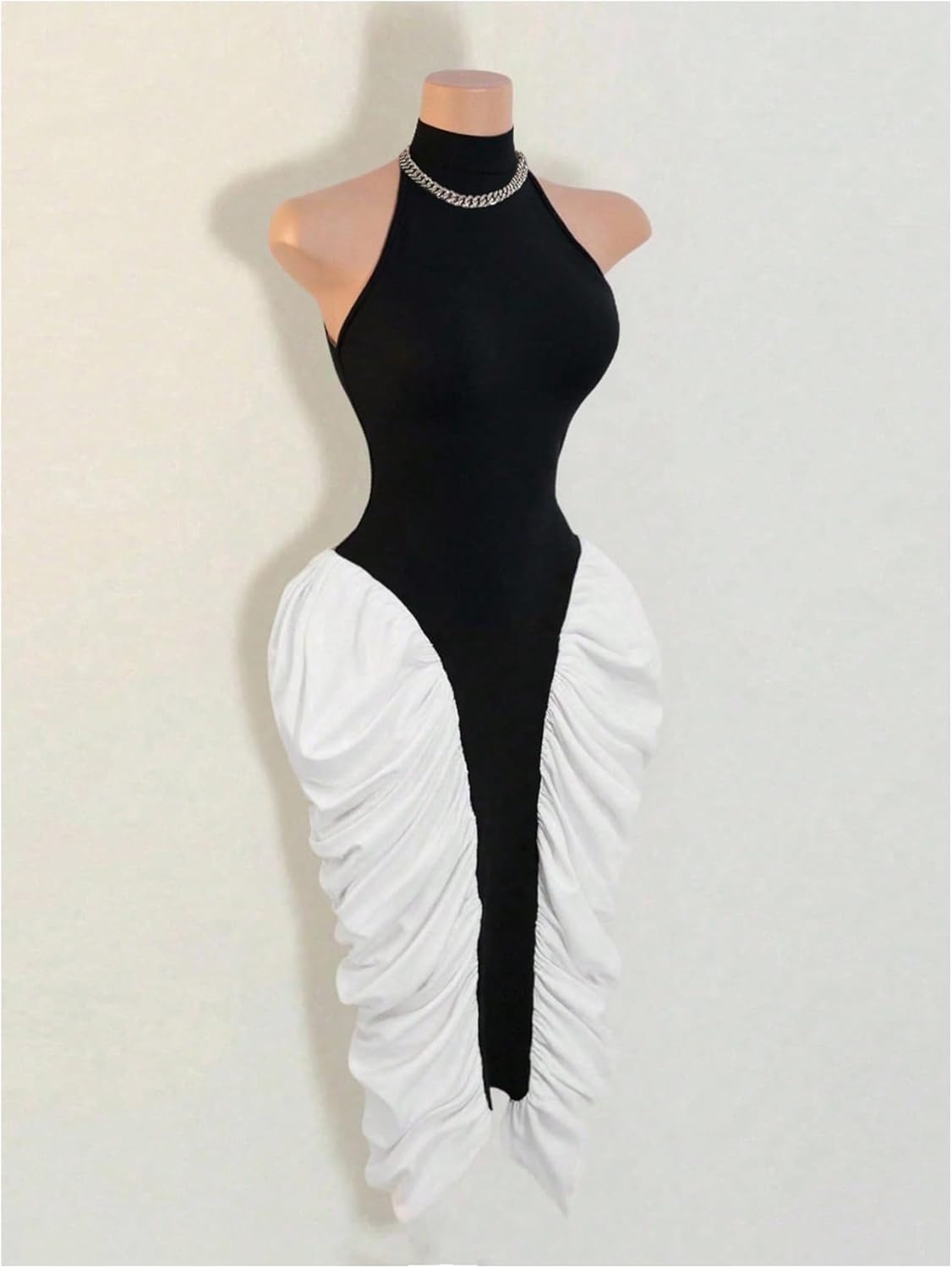 GORGLITTER Women's Ruched Color Block Halter Midi Dress Elegant Classy Backless Summer Teacher Vegas Cocktail Sundress