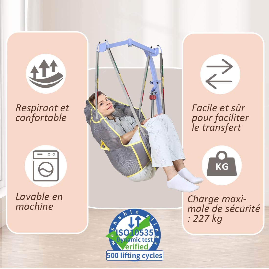 EZ Assistive Sangle Lève-Personne avec Têtière, Harnais de Transfert en Filet à Jambes Séparées pour Bain et Toilettes, Charge Max 227 kg, Compatible avec Soulève-Malade Standard (PurpleGray, Moyen)