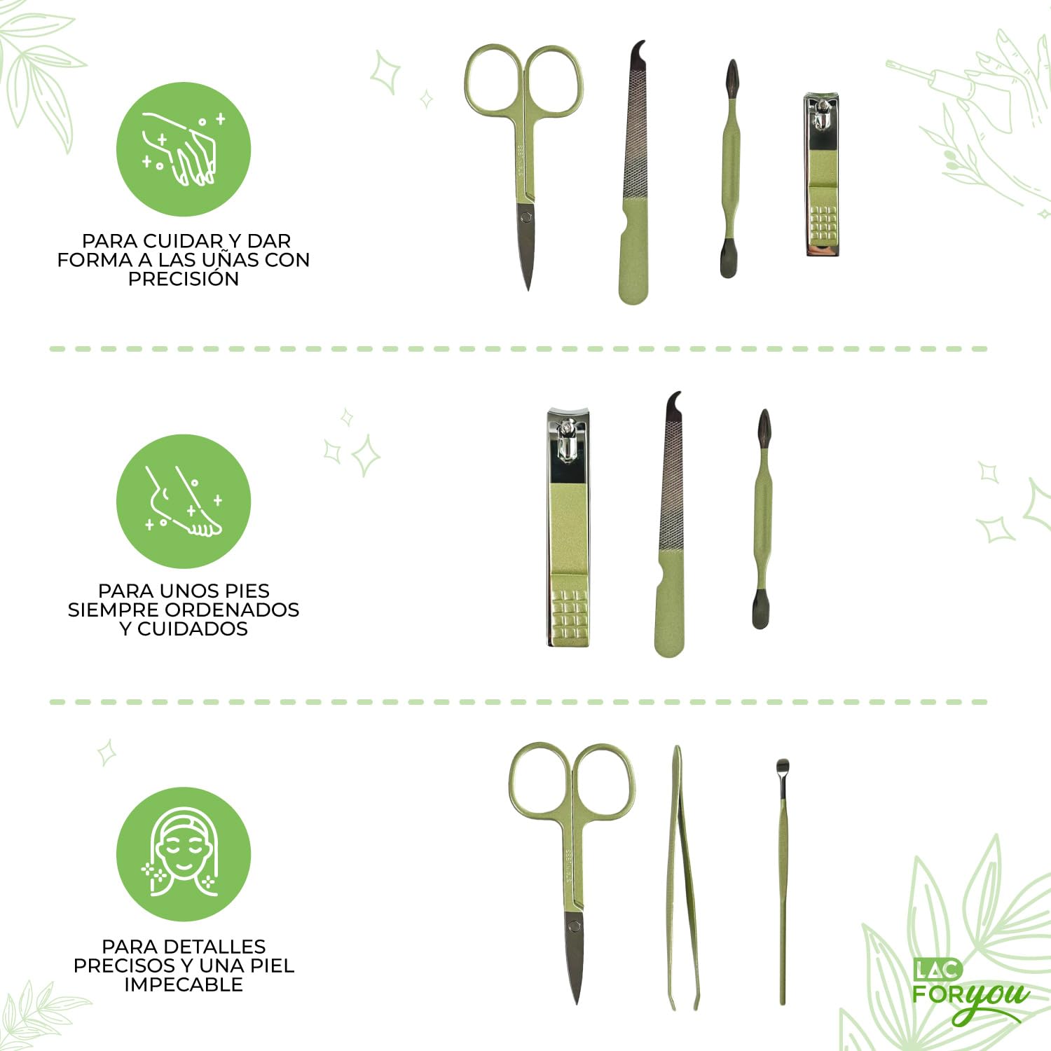 LAC FOR YOU Kit Manicura 7 Piezas – Set de Manicura y Pedicura Profesional Hombres y Mujeres, nail kit Estuche de Viaje – Verde | Kit profesional para uñas y pedicura, juego de viaje