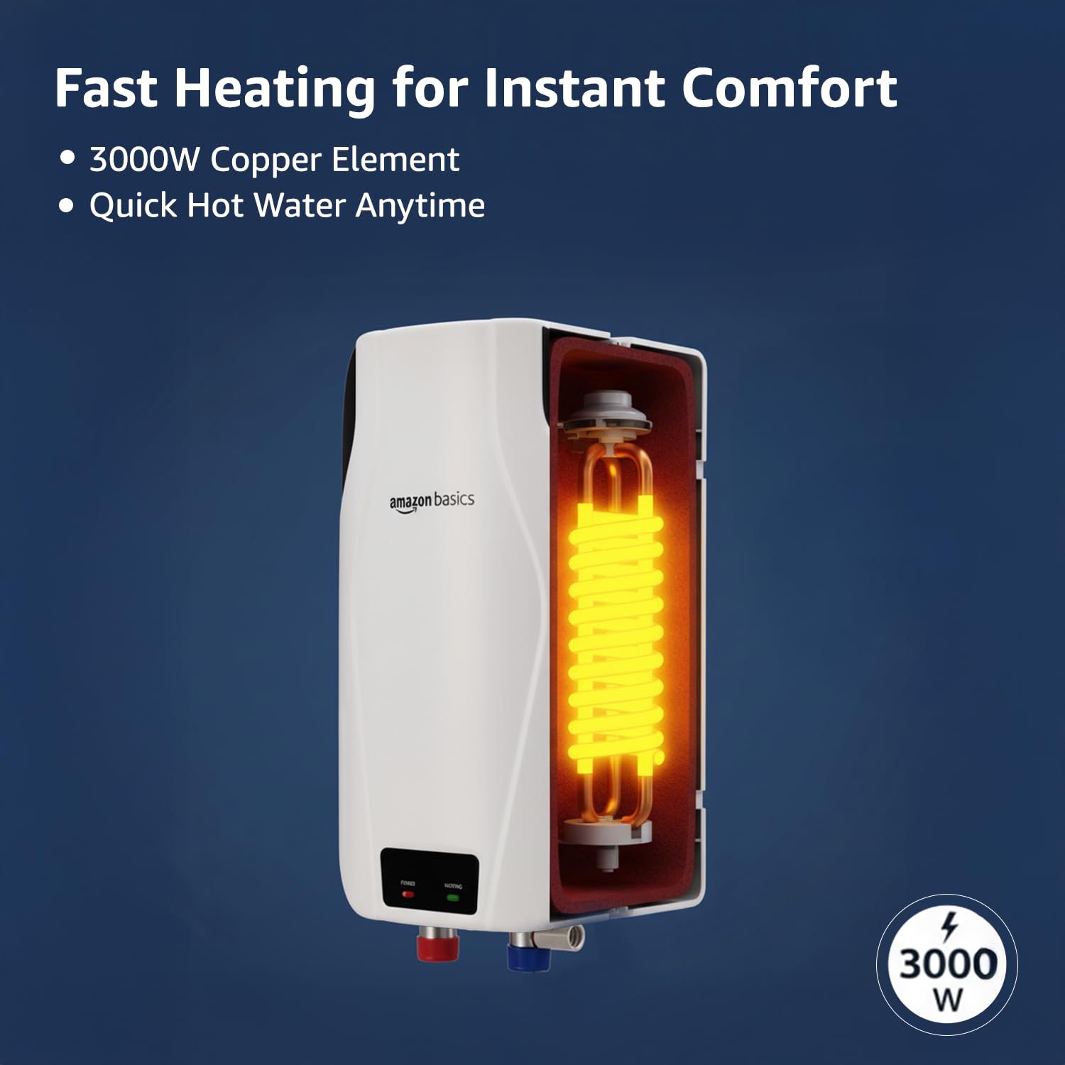 Amazon Basics 3L Instant Water Heater | 3KW | Geyser with PP Body & SS Tank | Corded Electric | Rust Proof | 4 Level Safety | White 1